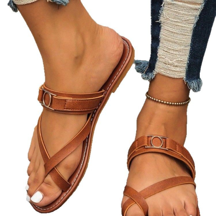 Sarah Express Women's Brown Flat Slip-On Sandals