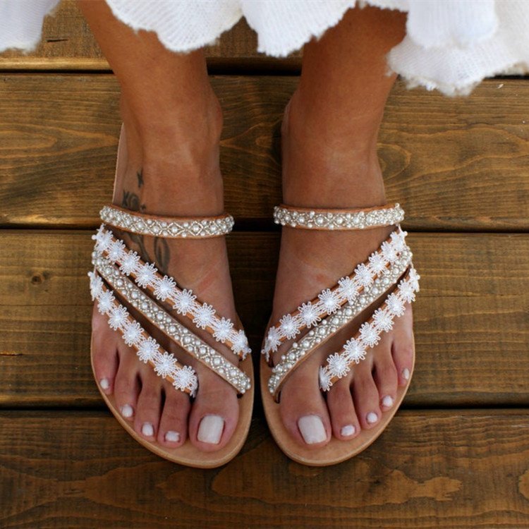 Sarah Express Rhinestone Lace Beading Flat Sandals White