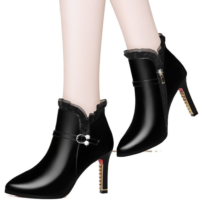 Sarah Express Women's Pointed Toe Stiletto Ankle Boots Black Single Boots