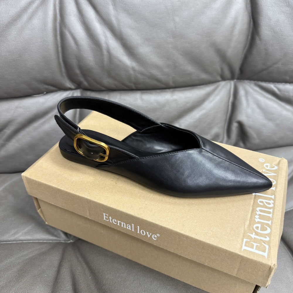 Sarah Express Pointed Toe Buckle Strap Flat Pumps Black
