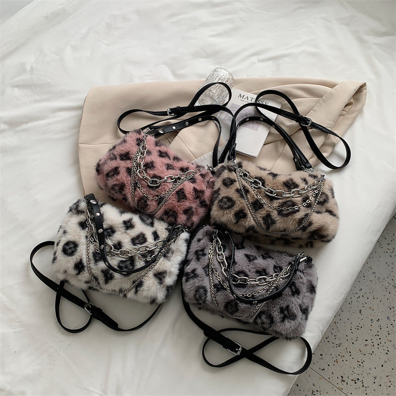 Sarah Express Leopard Print Plush Chain Shoulder Bag