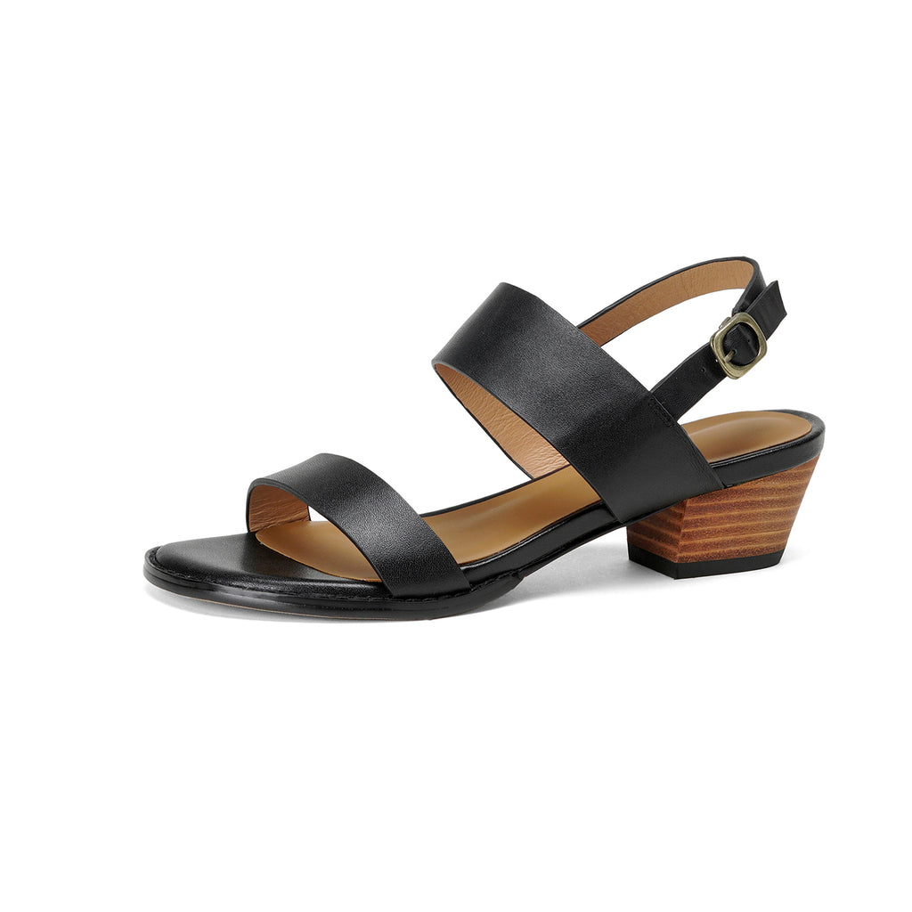 Sarah Express Handmade Full-Grain Leather Block Heel Sandals Black