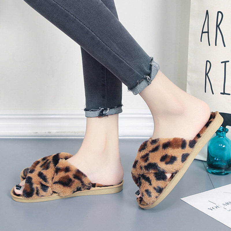 Sarah Express Fuzzy Leopard Cross-Strap House Slippers