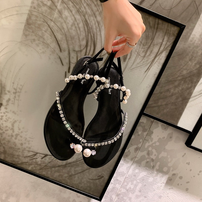 Sarah Express Rhinestone Pearl Embellished Flat Thong Sandals Black