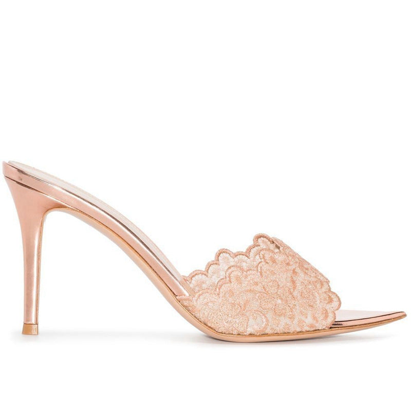Sarah Express Pointed-Toe Stiletto Lace Mules Champagne Gold 8.5cm