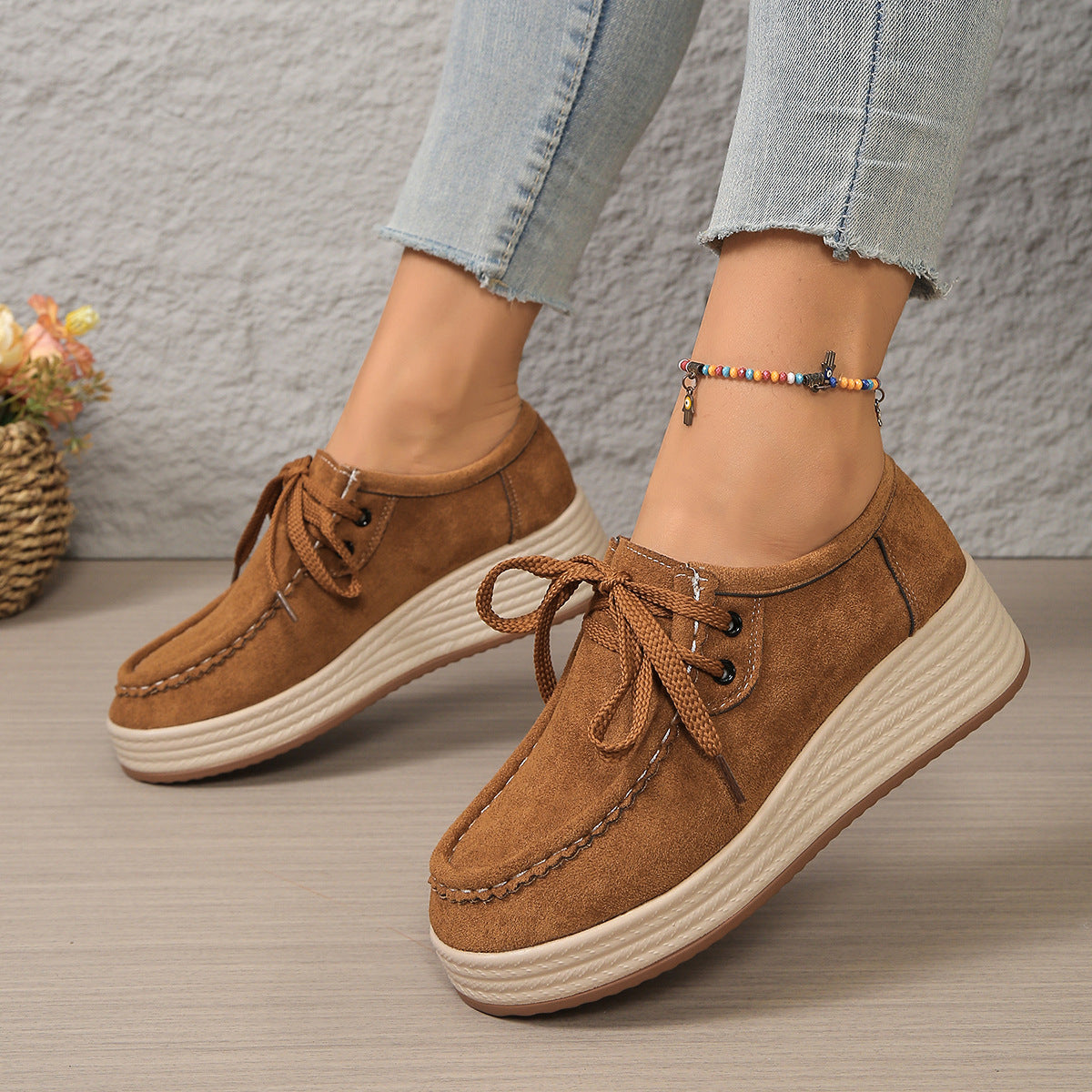 Sarah Express Lace-Up Chunky Sole Suede Pumps Dark Brown