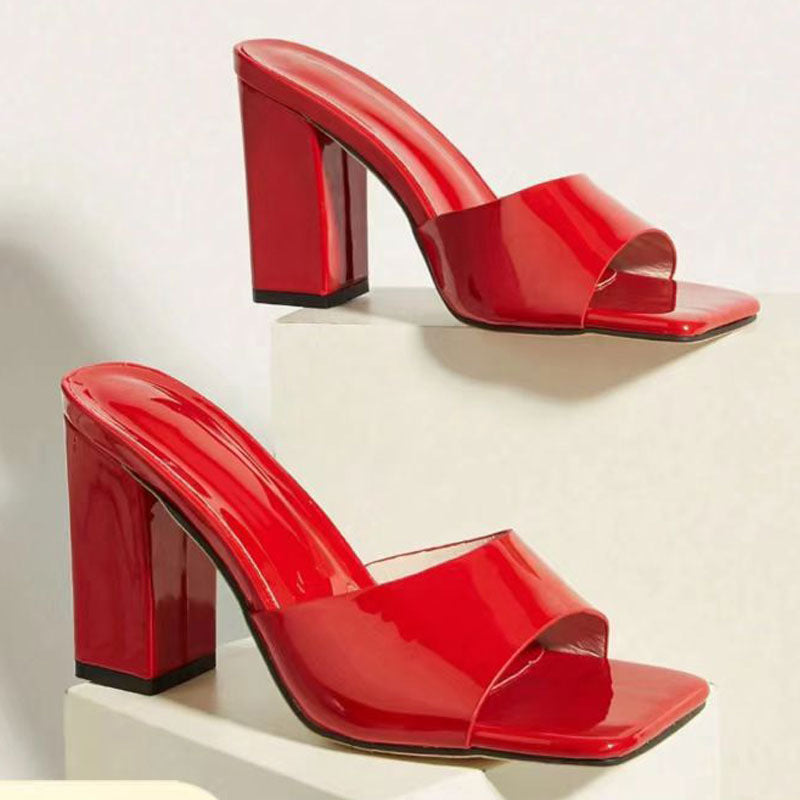 Sarah Express Square Toe Block Heel Slip-On Sandals Red