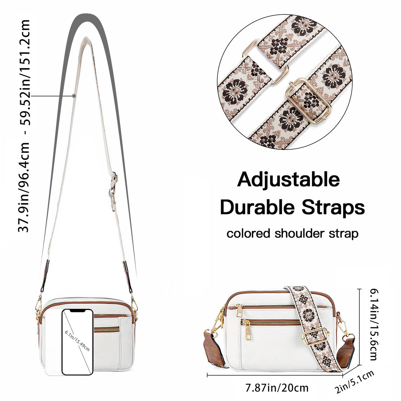 Sarah Express Triple-Zipper Crossbody Bag With Embroidered Strap