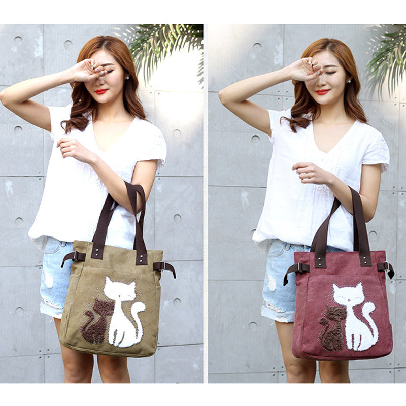 Sarah Express Canvas Tote Bag with Cat Applique