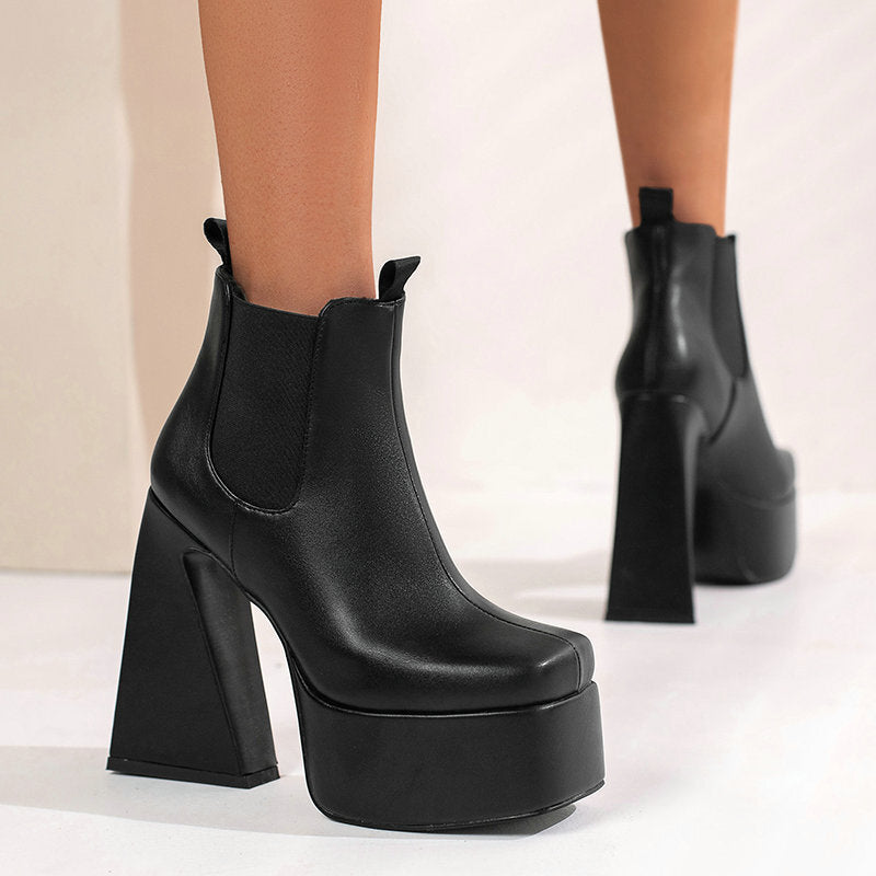 Sarah Express Patent Leather Square Toe Chunky Boots
