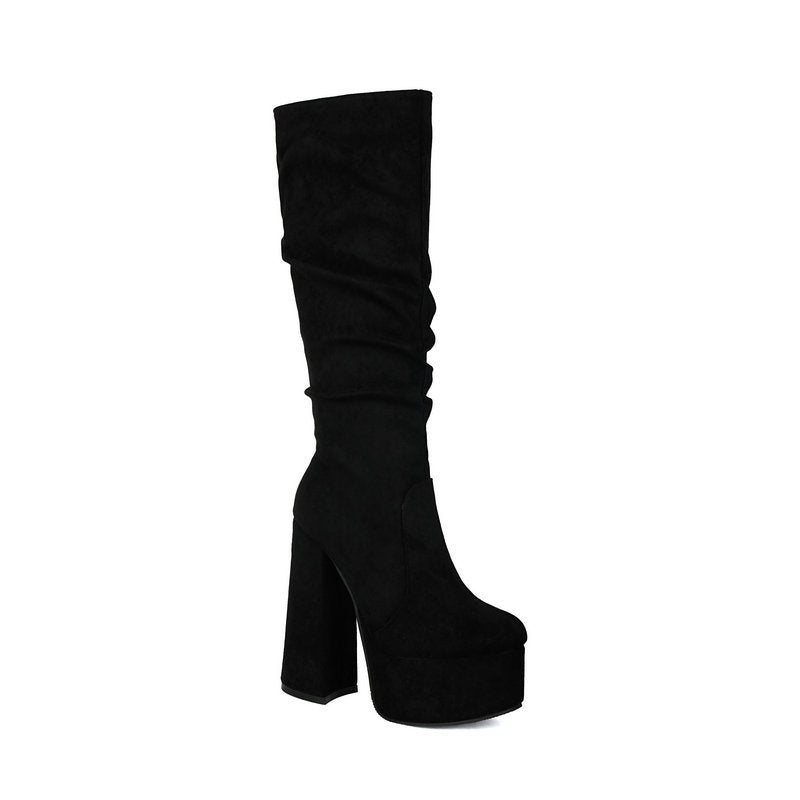 Sarah Express Stretch Suede Chunky High Heel Boots Black