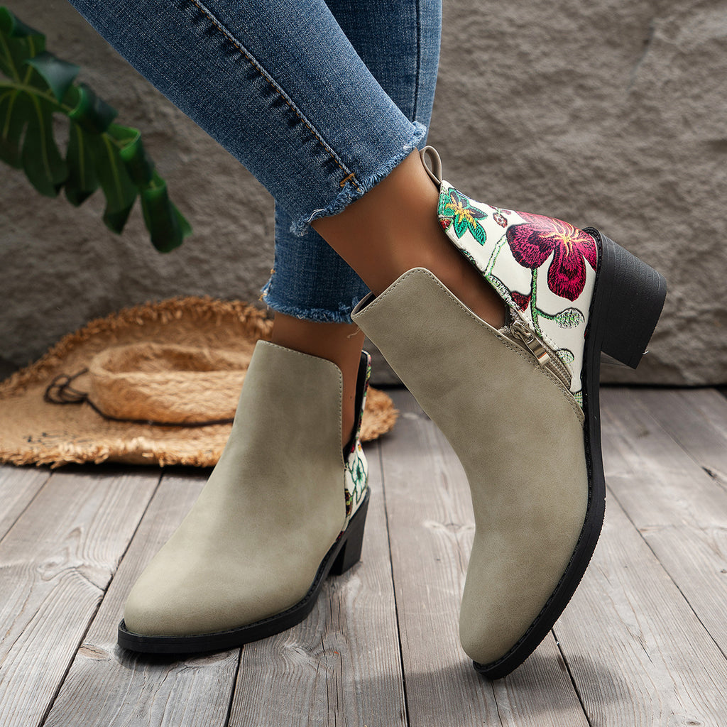 Sarah Express Floral Print Pointed Toe Ankle Boots Beige