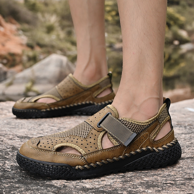 Sarah Express Men's Breathable Leather Mesh Closed-Toe Sandals