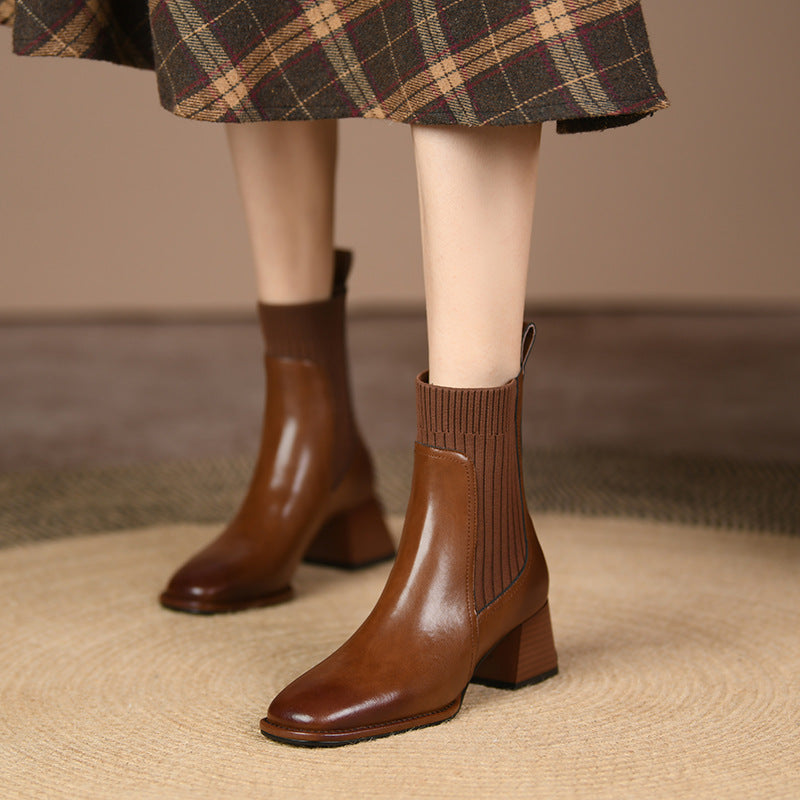 Sarah Express Vintage Square Toe Chunky Heel Ankle Boots