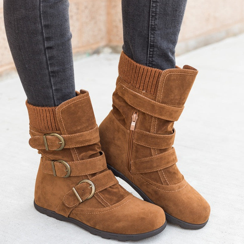 Sarah Express Women's Buckle Strap Flat Ankle Boots