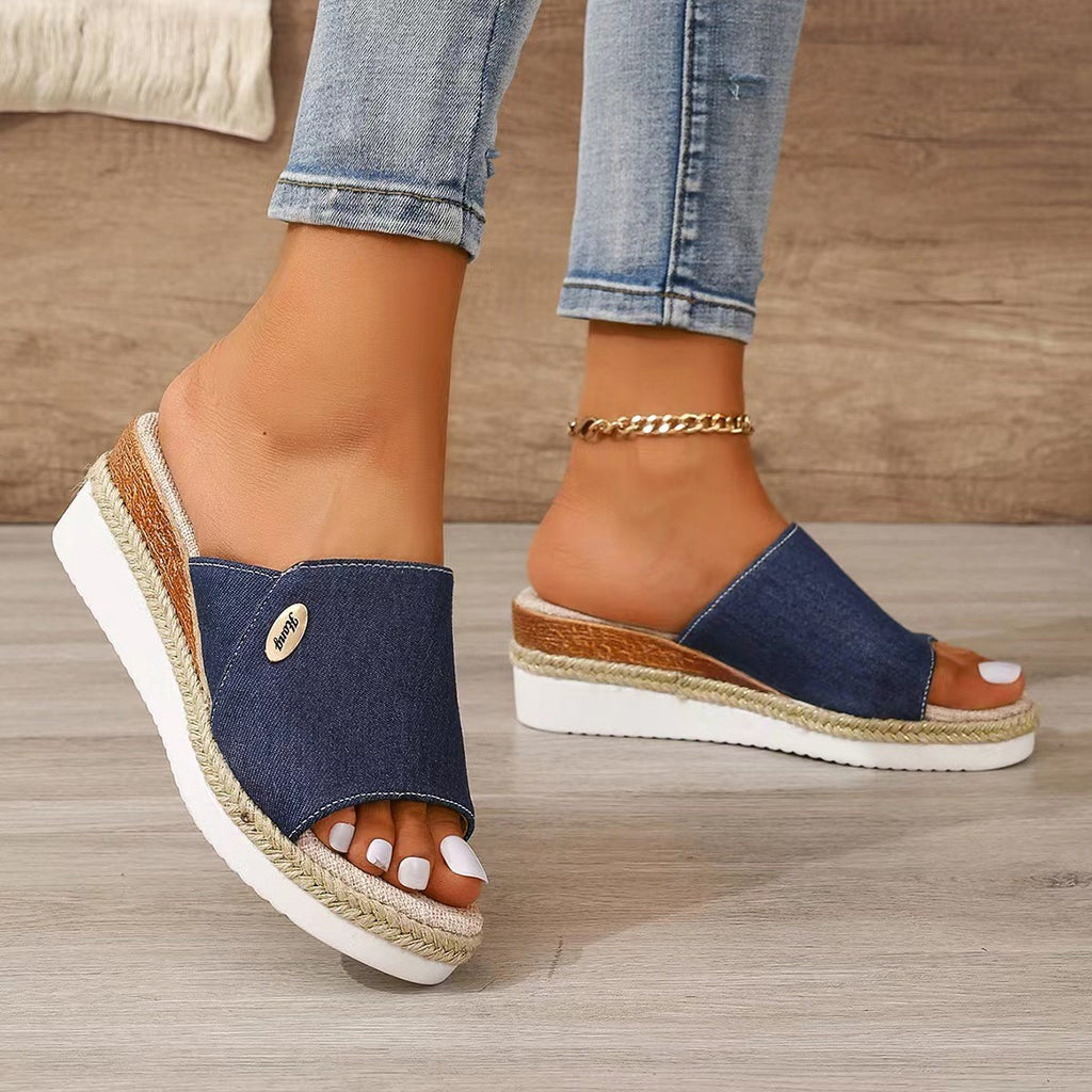 Sarah Express Canvas Wedge Sandals with Fish Mouth Blue