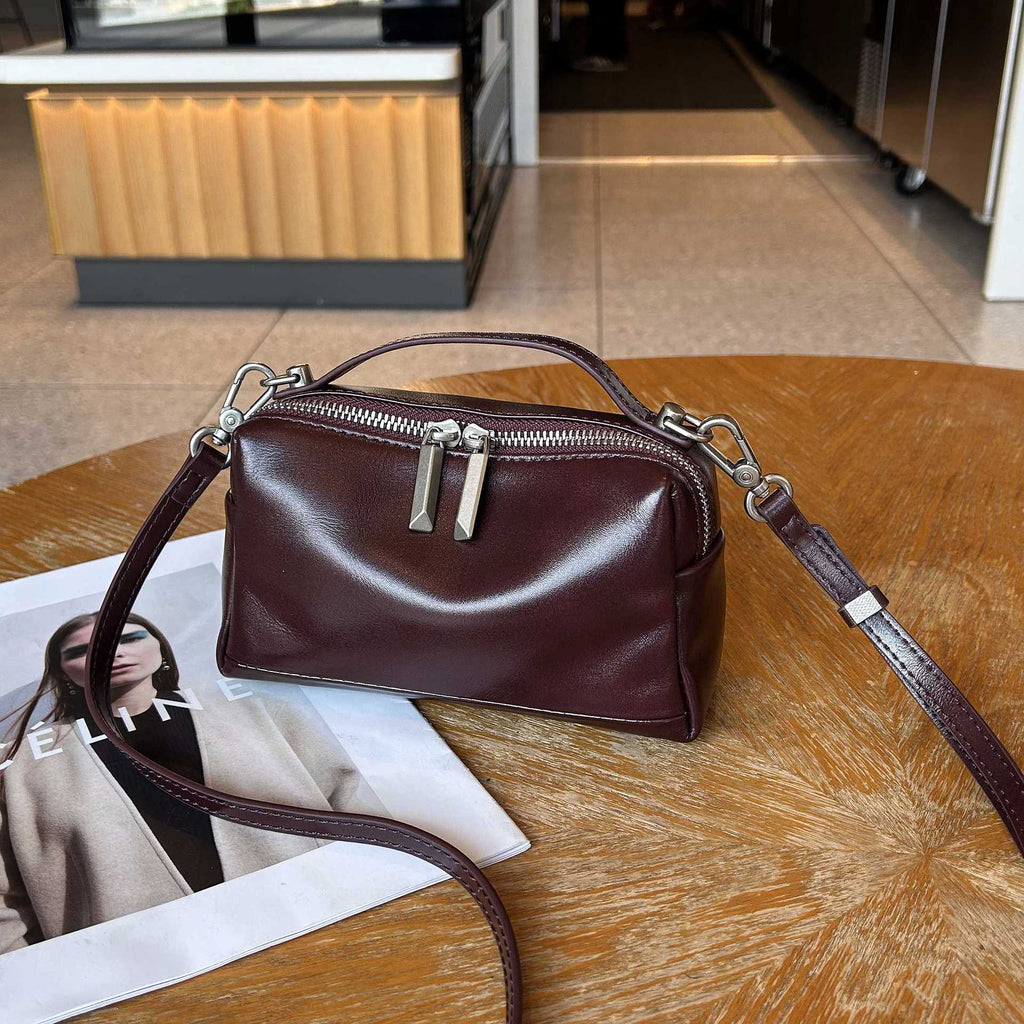 Sarah Express Top-grain Leather Small Square Crossbody Bag Wine red
