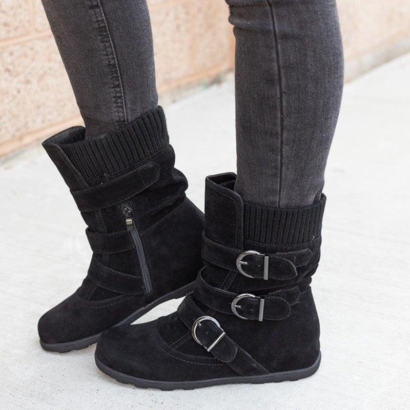 Sarah Express Women's Buckle Strap Flat Ankle Boots