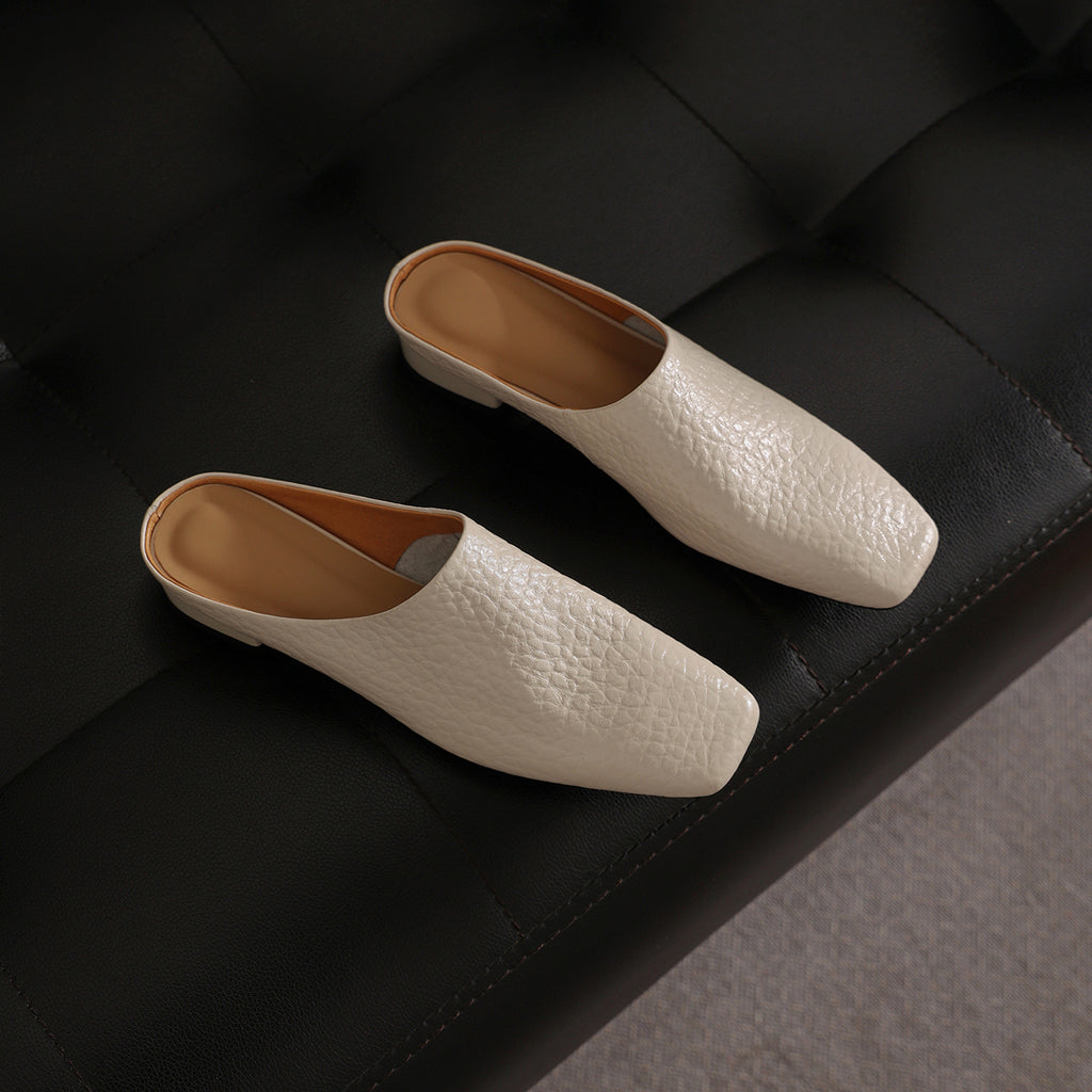 Sarah Express Square Toe Cowhide Low Block Mules