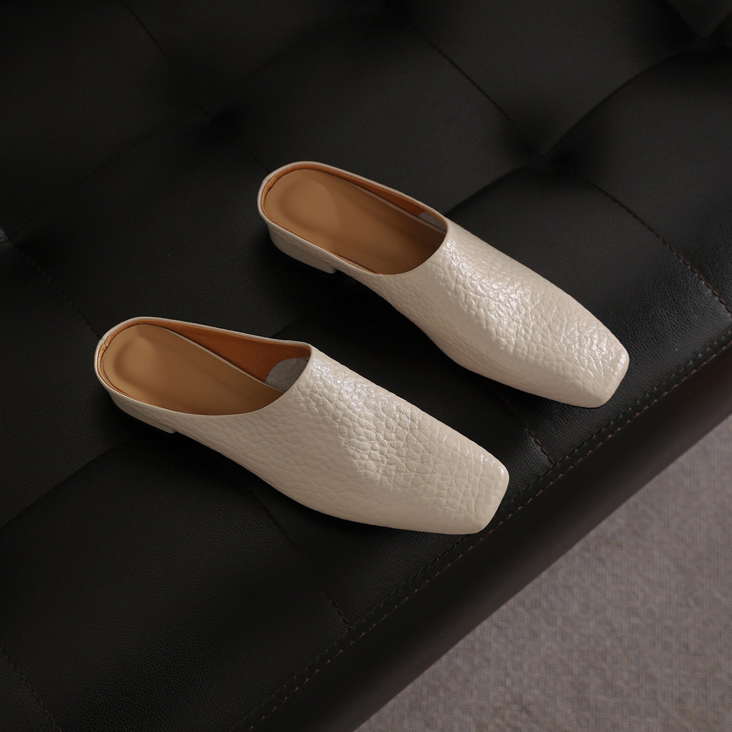 Sarah Express Square Toe Cowhide Low Block Mules