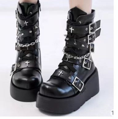Sarah Express Chunky Round-Toe Platform Wedge Ankle Boots Black 603
