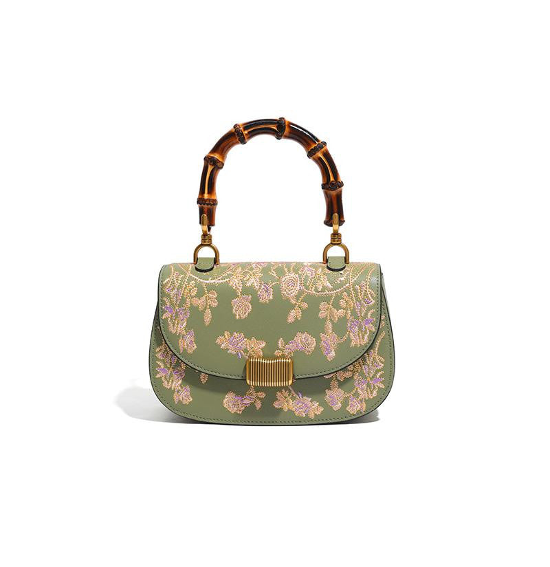Sarah Express Embroidered Cowhide Bamboo Handle Handbag