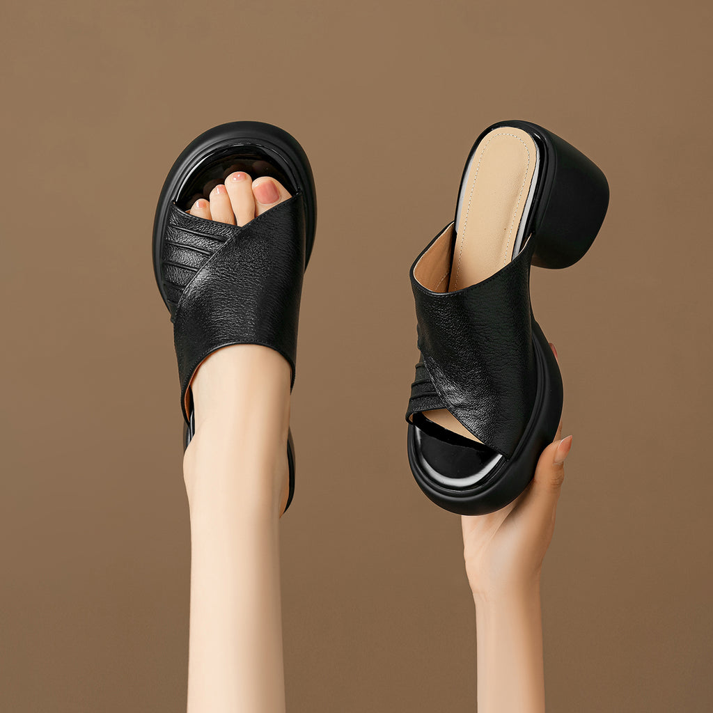 Sarah Express Ruched Lambskin Leather Block Heel Slides