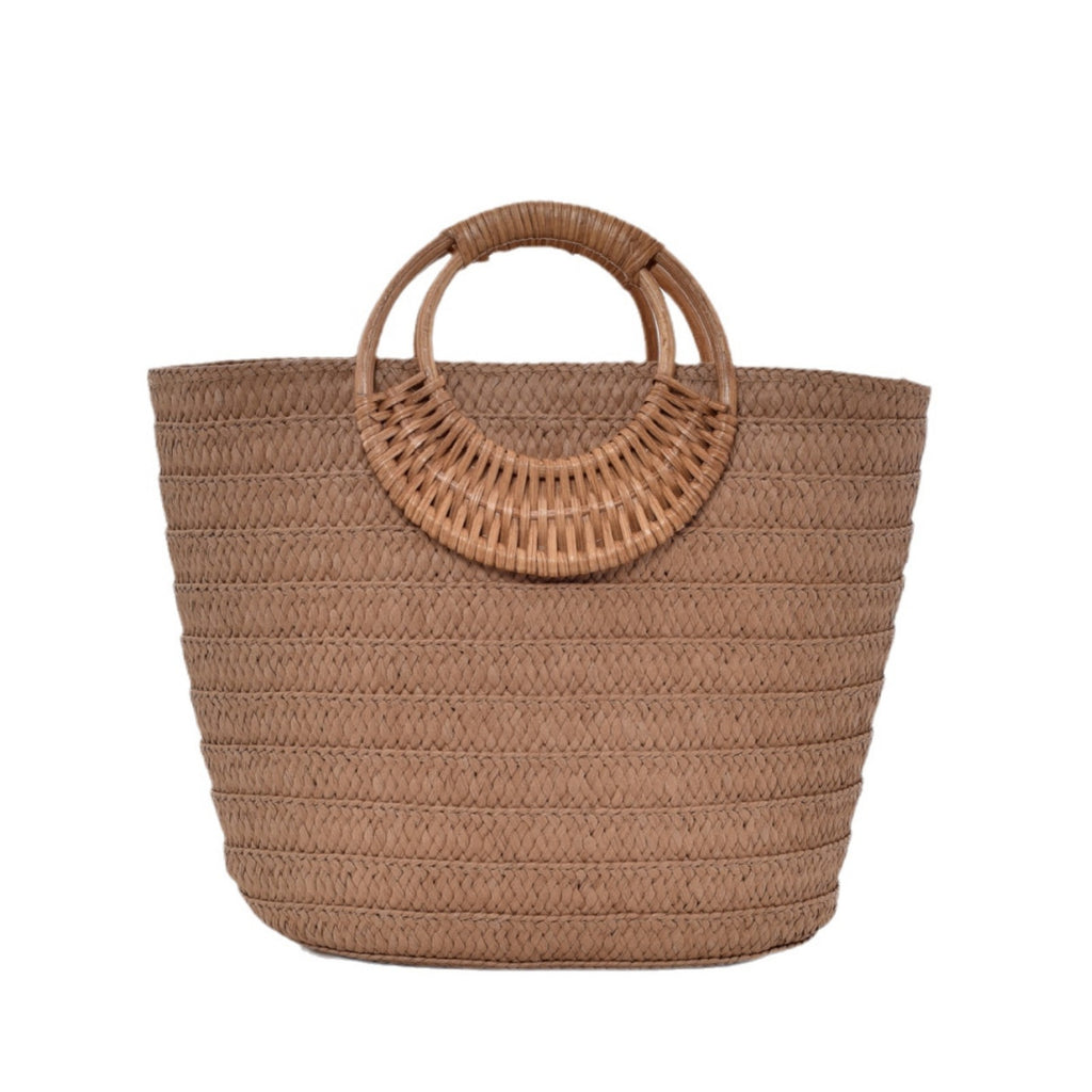 Sarah Express Straw Weave Round Handle Tote Bag Camel
