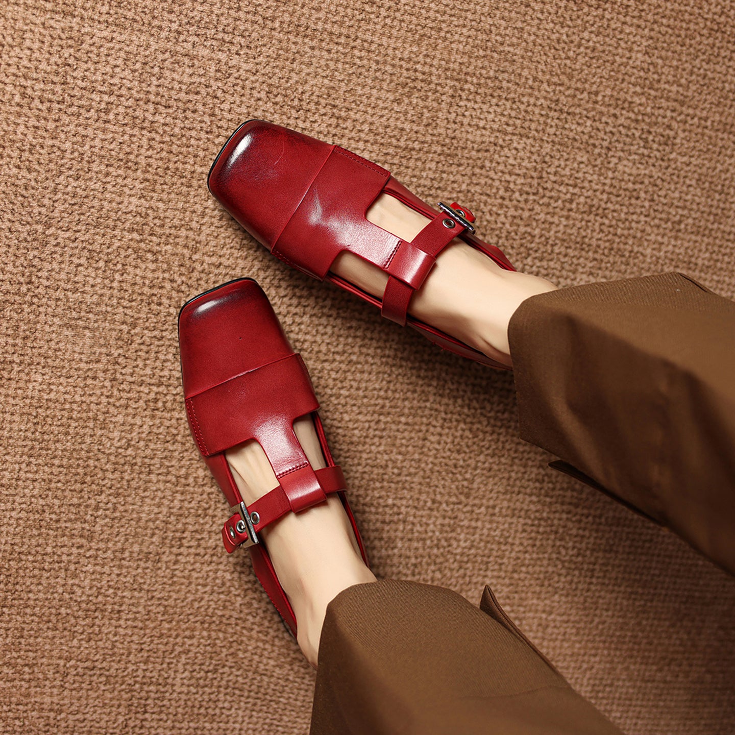 Sarah Express Handmade Leather T-Strap Block Heel Sandals