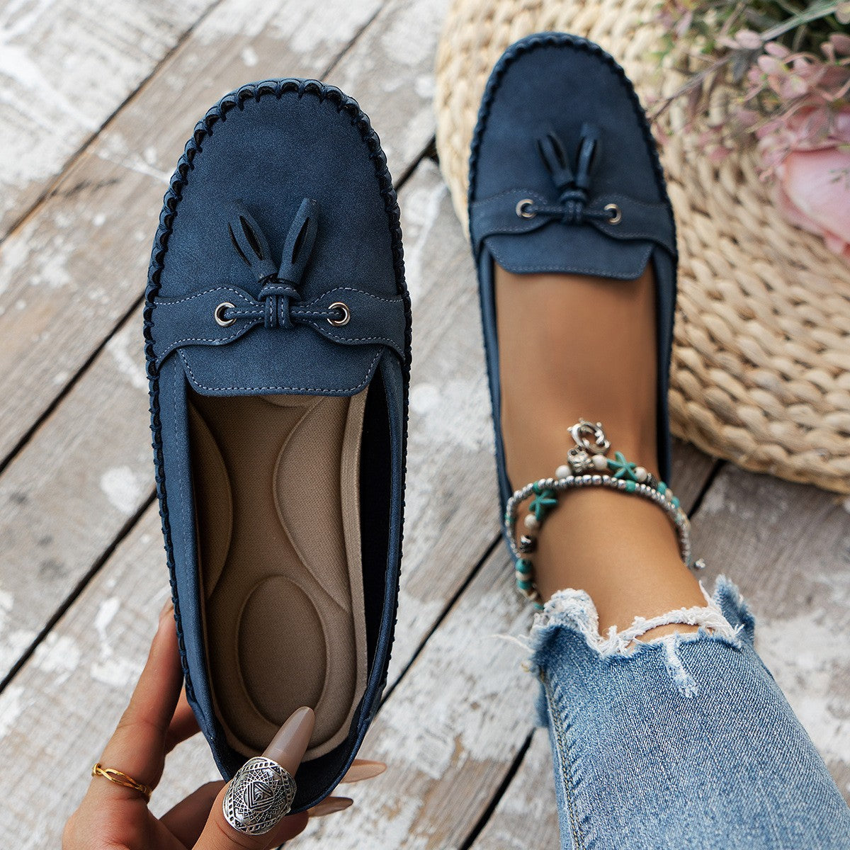 Sarah Express Round Toe Slip-On Comfort Flats Navy Blue