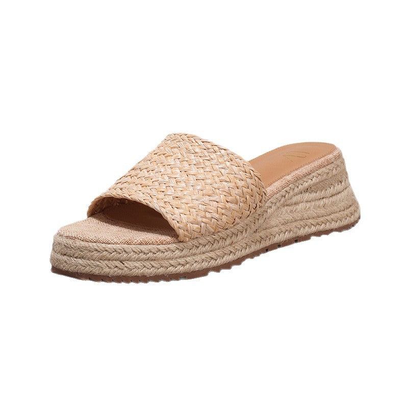 Sarah Express Woven Straw Platform Wedge Slide Sandals
