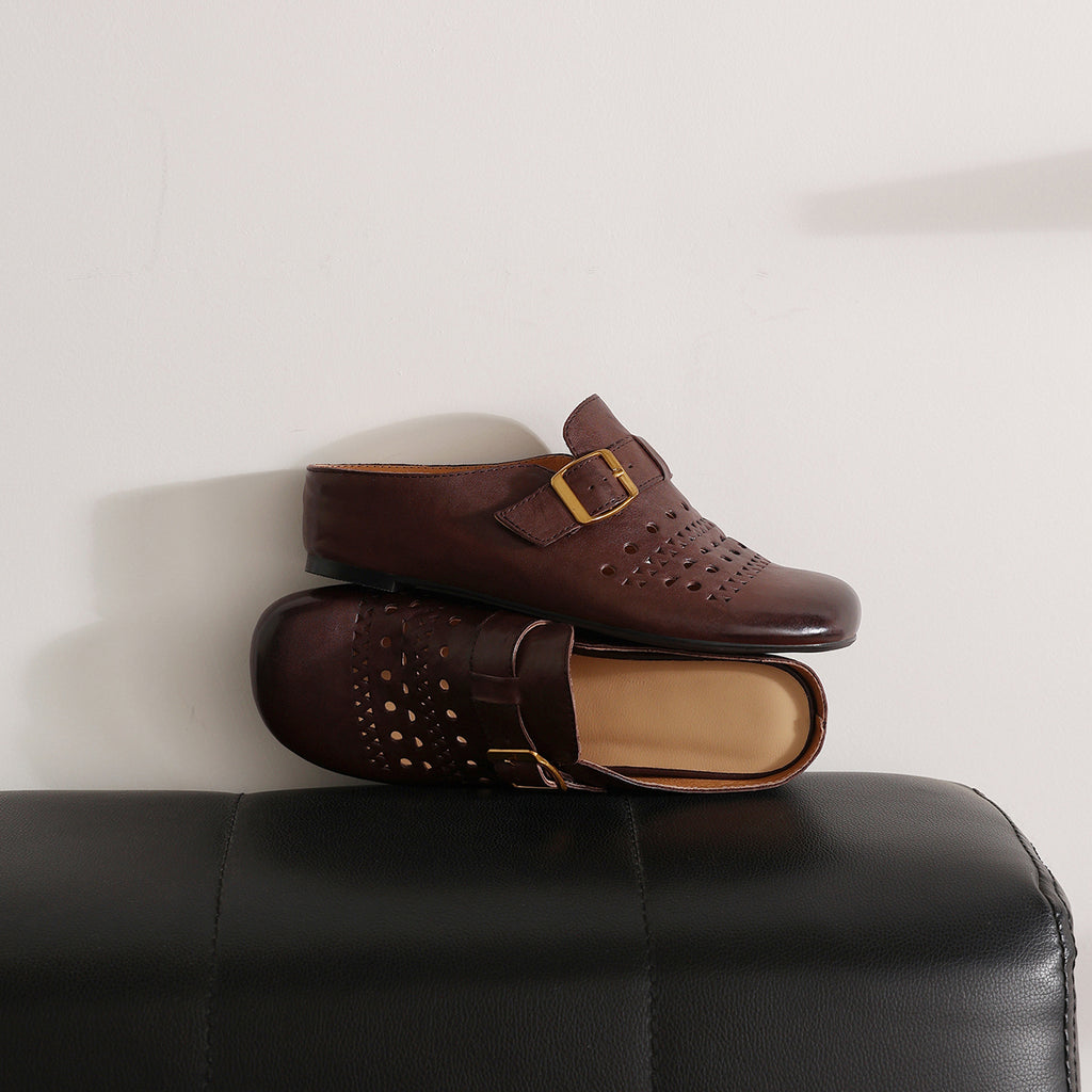 Sarah Express Perforated Cowhide Buckle Flat Mules