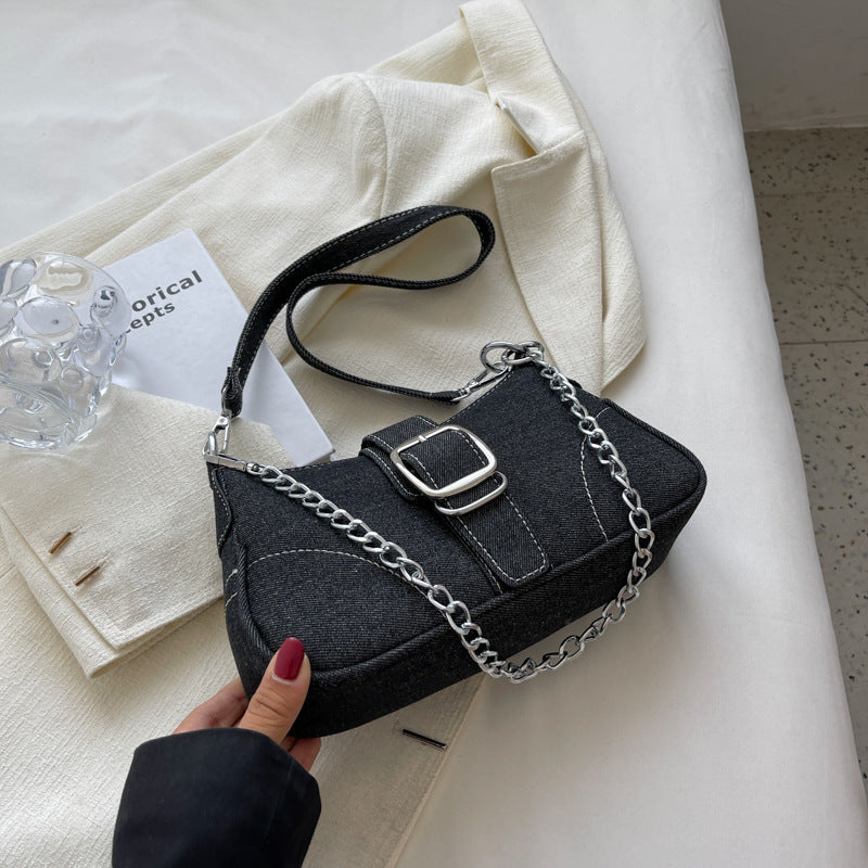 Sarah Express Denim Buckle Chain Shoulder Bag Black