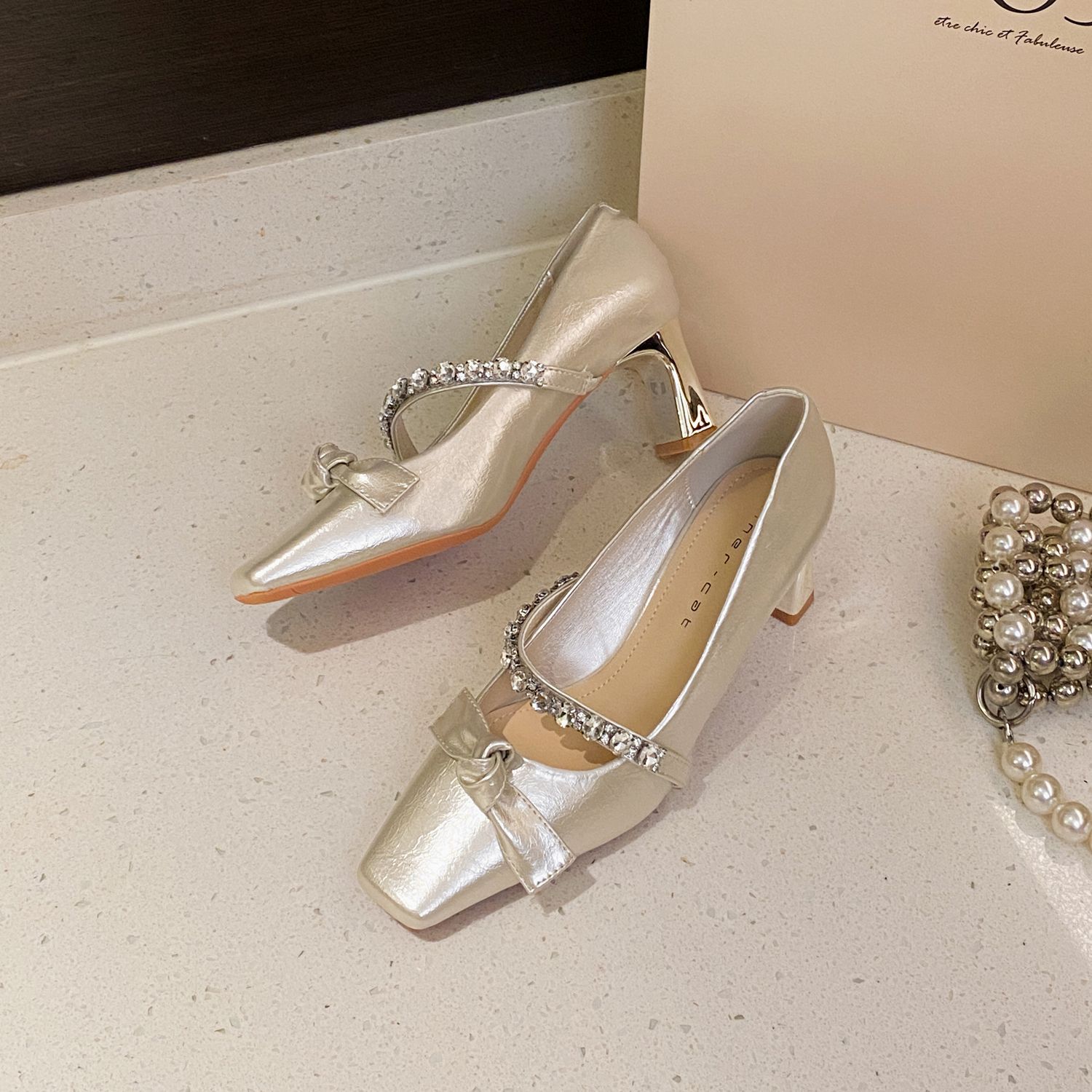 Sarah Express Rhinestone Embellished Square Toe Mary Janes Gold