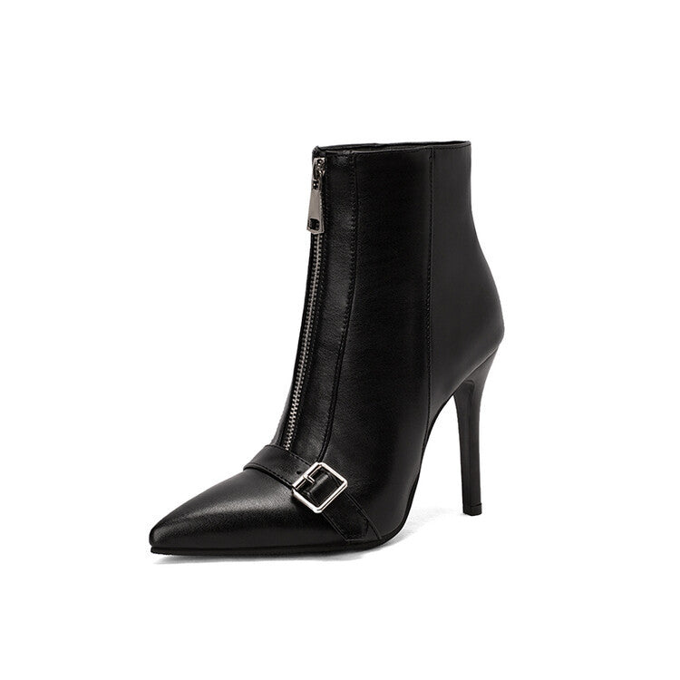 Sarah Express Front Zipper Belt Buckle Stiletto Boots Black