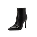 Sarah Express Front Zipper Belt Buckle Stiletto Boots Black