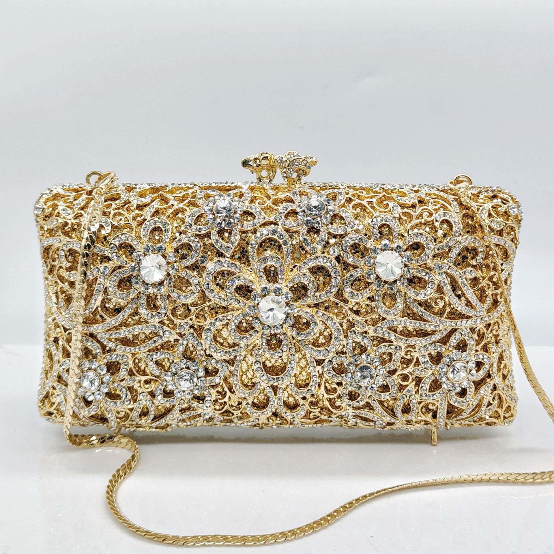 Sarah Express Crystal Rhinestone Evening Clutch Bag BL426 Gold With White Diamonds
