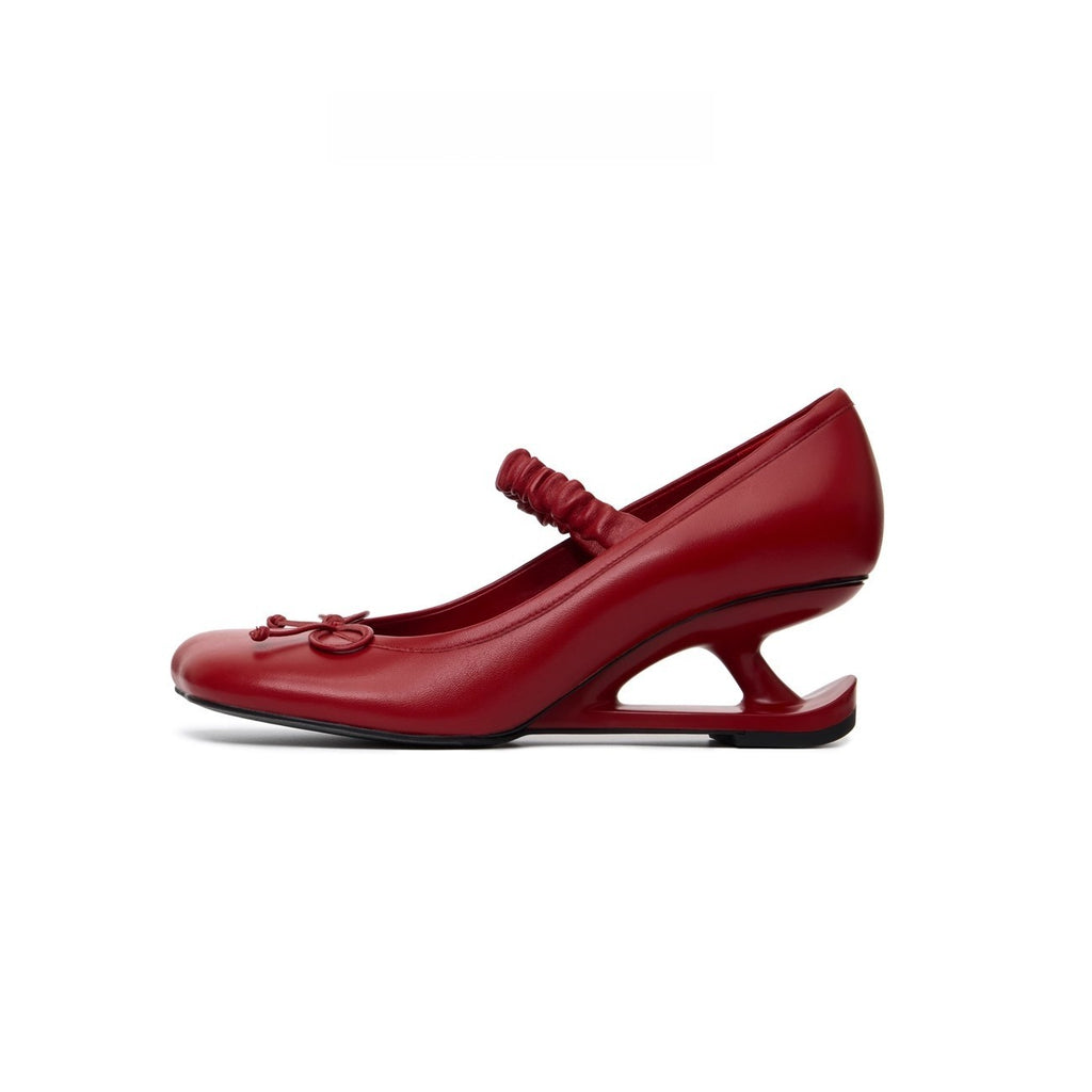 Sarah Express Square Heel Leather Pumps with Bow Red