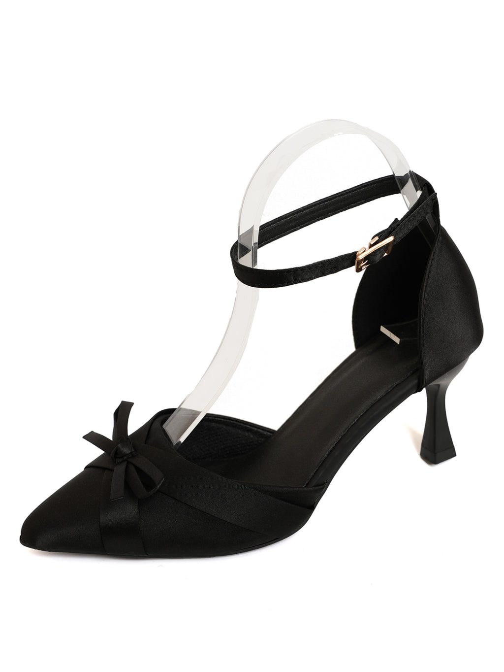 Champagne Satin Pointed Toe Mule Heels With Mini Bow & Adjustable Ankle Strap – product detail