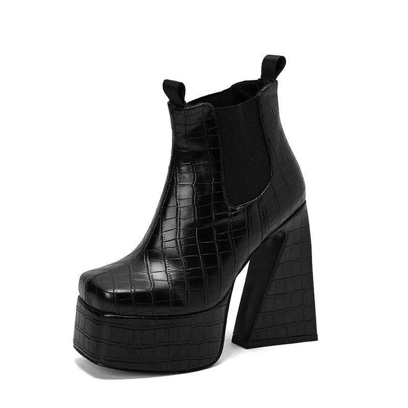 Sarah Express Patent Leather Square Toe Chunky Boots