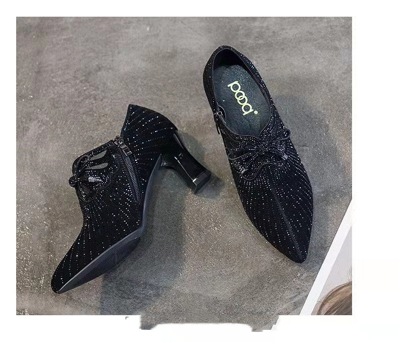 Sarah Express Rhinestone Bow-knot Pointed-toe Mid-heel Pumps Black