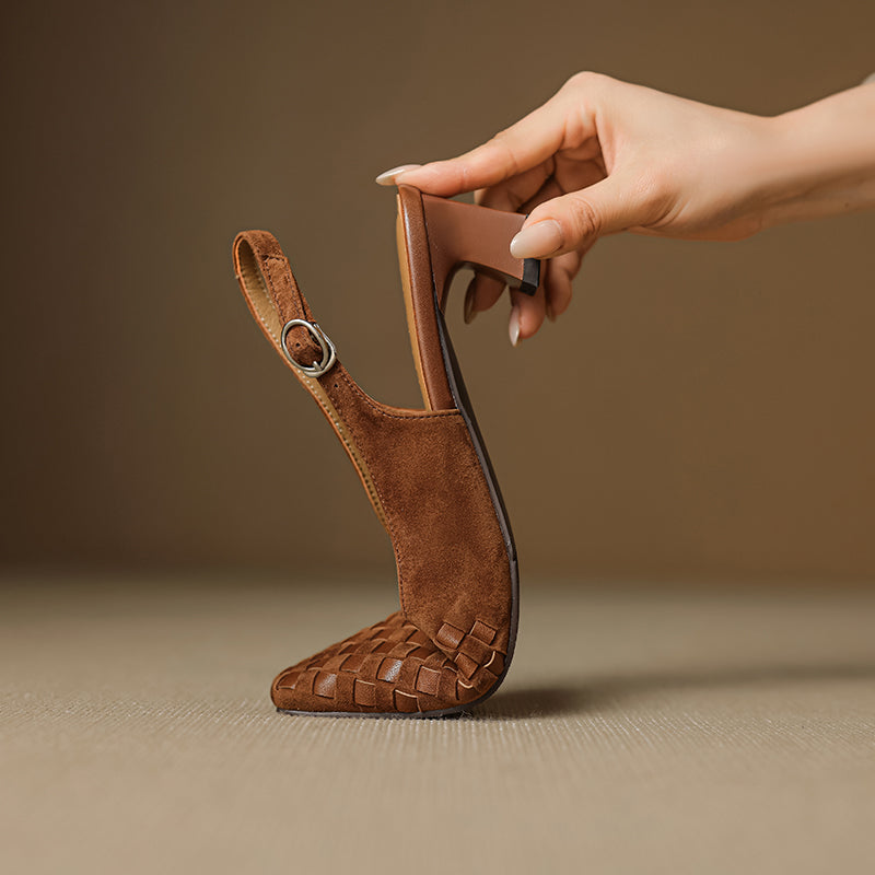 Sarah Express Woven Suede Slingback Block Heel Sandals