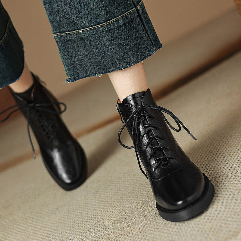Sarah Express Retro Leather Lace-Up Ankle Boots Black Non fleece