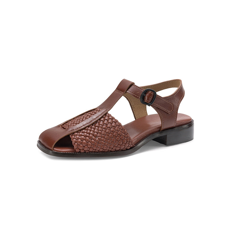 Sarah Express Woven T-Strap Block Heel Sandals