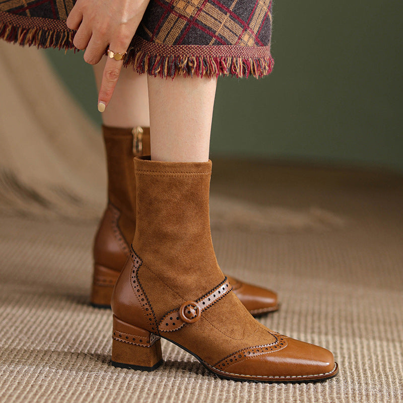 Sarah Express Vintage Square Toe Chunky Heel Boots