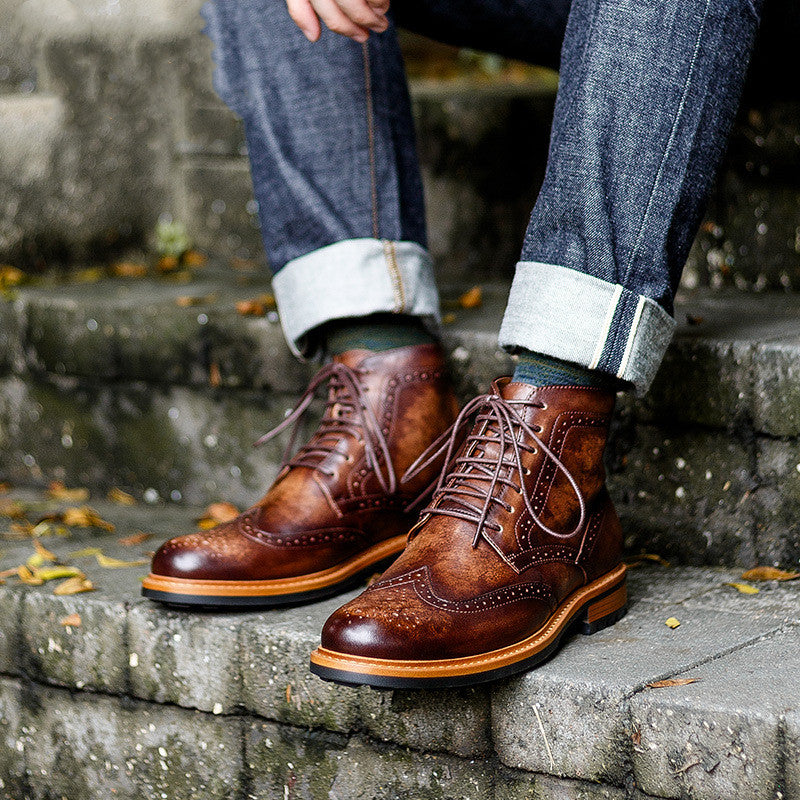 Sarah Express Men's Round Toe Leather Martin Boots