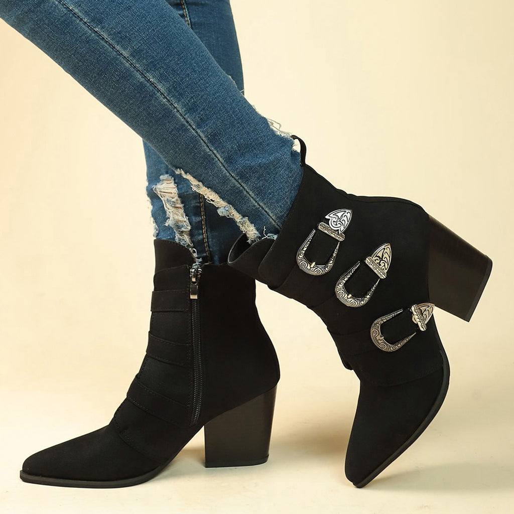 Sarah Express Retro Pointed Toe Chunky Heel Boots