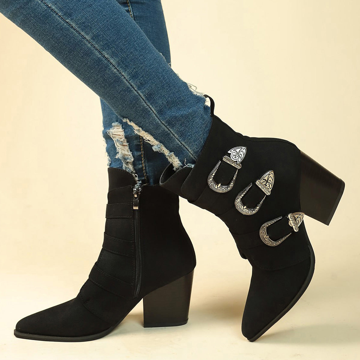 Sarah Express Retro Pointed Toe Chunky Heel Boots