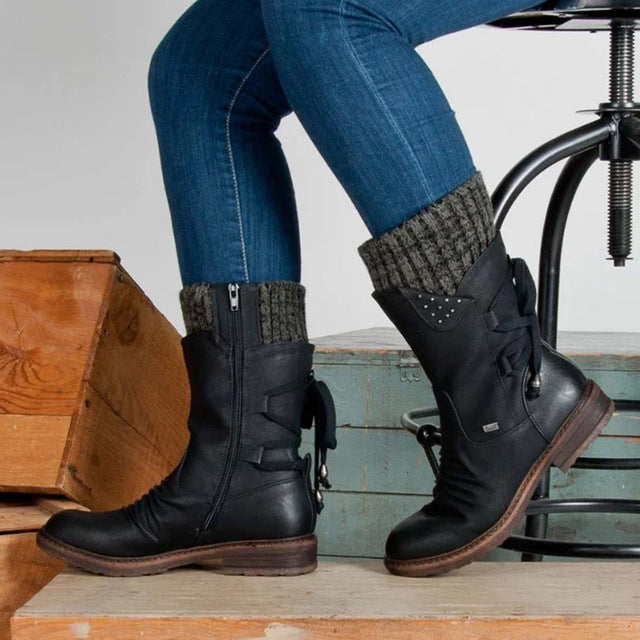 Sarah Express Mid-Calf Rhinestone Knit Cuff Winter Boots Black