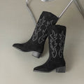 Sarah Express Retro Embroidered Western Square Toe Boots Black